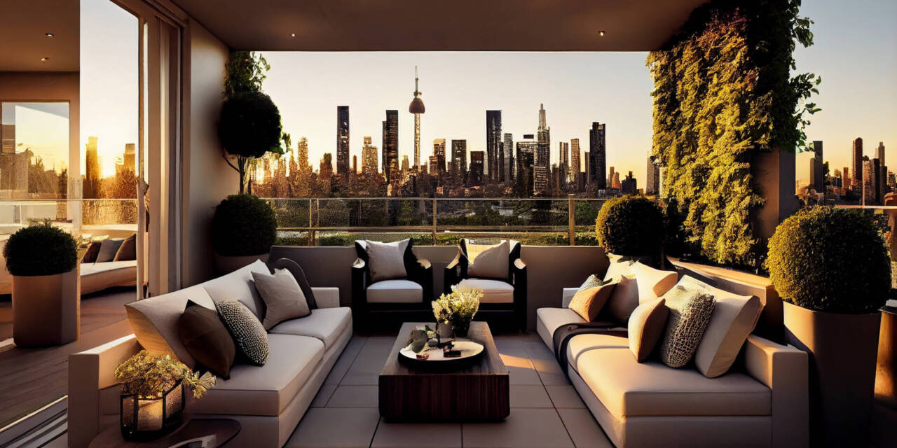 Modern architecture, city skyline, luxurious living room design ,generative artificial intelligence